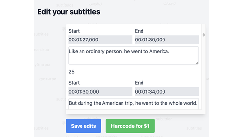 A screenshot of the Subtitles AI subtitles editor